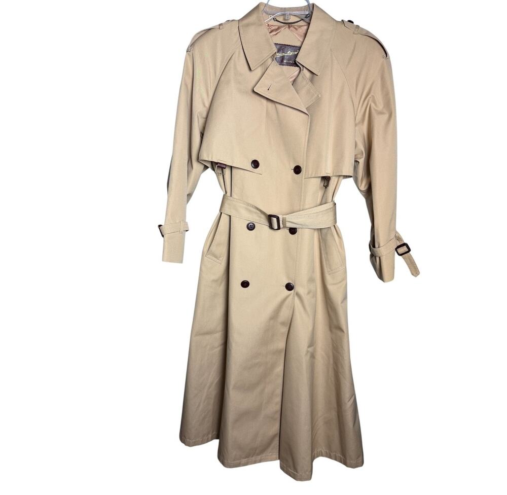 Vintage Etienne Aigner Tan Trench Coat Belted Double Breasted Size 14 80s 90s